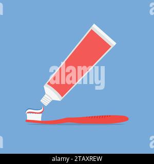 Tube of toothpaste and tooth brush in flat style isolated on blue background. Vector illustration Stock Vector
