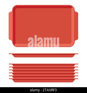 Red plastic blank food tray set with handles. Rectangular kitchen salvers isolated on white background. Plastic tray for canteen illustration Stock Vector