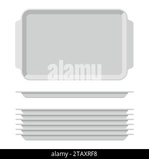 White blank food tray set with handles. Rectangular kitchen salvers isolated on white background. Plastic tray for canteen illustration, top view Stock Vector