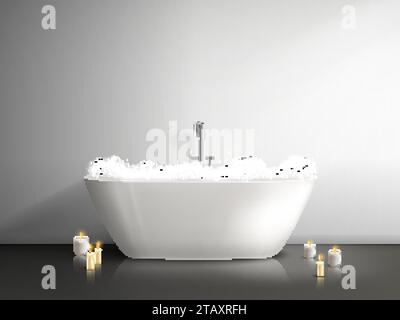 Bathtub with foam. Realistic bath tub bubble in bathroom interior, romantic candles, bubbly bathed bathr home basin or hotel water sink sanitary room vector illustration of bathtub with bubble foam Stock Vector