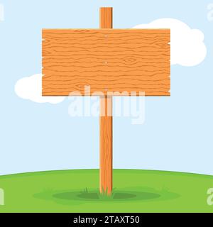 Wooden signboard in grass isolated on grass sky background. Signs board and symbols to communicate a message on street or road, emblems of signages. Stock Vector