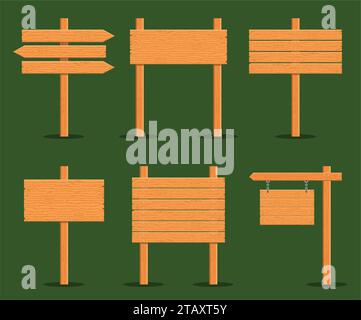 Wooden signboards set isolated on green background. Signs and symbols to communicate a message on street or road, emblems of signages. Banner template Stock Vector