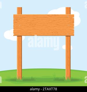 Wooden signboard in grass isolated on grass sky background. Signs board and symbols to communicate a message on street or road, emblems of signages. Stock Vector