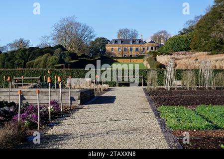 Kitchen garden, the Long Walk and Hadspen House, The Newt, Bruton, Somerset, UK, January. Stock Photo