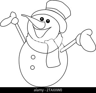 Cute Snowman Character Icon, Black And White Coloring Page Outline Of A Snowman With A Broom, Snowman wearing hat and scarf Stock Vector