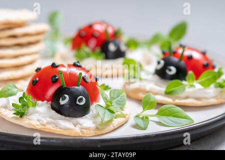 Lady bug cracker with cream cheese and tomato for summer party Stock Photo