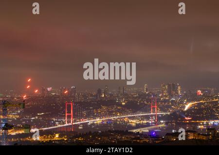 Istanbul background photo. Bosphorus Bridge view from Camlica Hill at night. Stock Photo