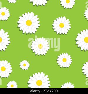 Cute seamless pattern with white chamomiles flowers on a grass or green background. Stock Vector