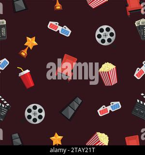 Cinema icons seamless pattern on brown background. Vector Illustration Stock Vector