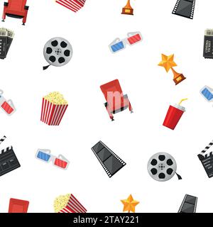 Cinema icons seamless pattern on white background. Vector Illustration Stock Vector