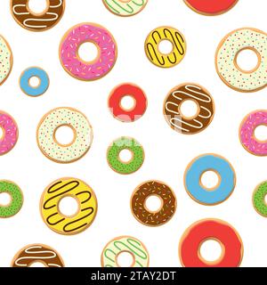 Vector seamless pattern with colorful donuts with glaze and sprinkles on white background. Candy decoration color donuts collection. Glazed pastry del Stock Vector