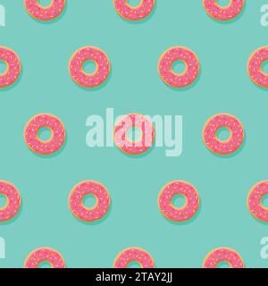 Vector seamless pattern with pink donuts with glaze and sprinkles on blue background. Candy decoration color donuts collection. Glazed pastry deliciou Stock Vector