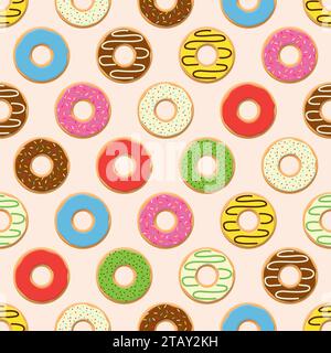 Vector seamless pattern with colorful donuts with glaze and sprinkles on pink background. Candy decoration color donuts collection. Glazed pastry deli Stock Vector