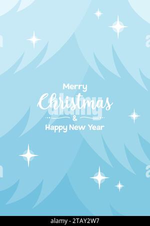 Text and lights on the background of a blue Christmas tree branches. Christmas greeting card. Flat vector illustration Stock Vector