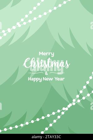 Text on the background of a green Christmas tree branches with garlands. Christmas greeting card. Flat vector illustration Stock Vector