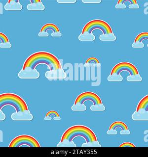 Rainbow and clouds pattern stickers icon isolated on blue background. Nature sign cloud rainbow spectrum. Weather curve rainbow icon, graphic abstract Stock Vector