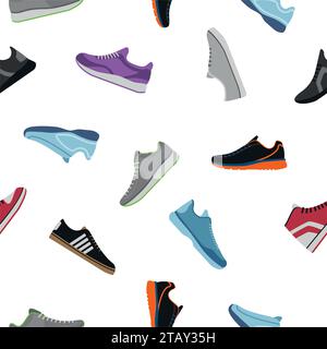Shoes pattern on white background. Sportwear sneakers, everyday footwear clothing in flat style. High and low keds, footwear for sport and casual look Stock Vector