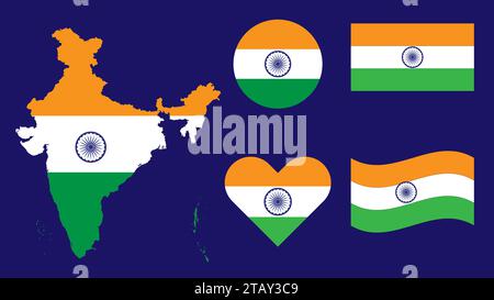 Indian Bharat Flag embedded on Indian map , circle , heart icon , and rectangle vector illustration Stock Vector