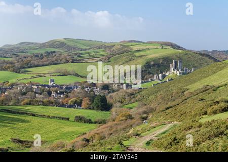 View down the Purbeck Way from Ballard Down to Corfe Castle, Dorset, UK, November 2022. Stock Photo