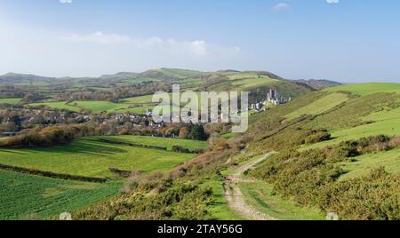 View down the Purbeck Way from Ballard Down to Corfe Castle, Dorset, UK, November 2022. Stock Photo