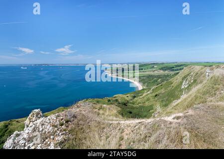 View from Burning Cliff near White Nothe to Ringstead Bay and the Isle of Portland, Dorset, UK, August 2023. Stock Photo