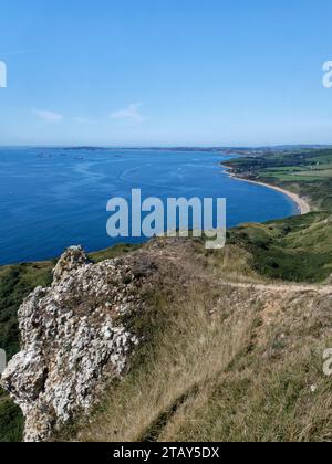 View from Burning Cliff near White Nothe to Ringstead Bay and the Isle of Portland, Dorset, UK, August 2023. Stock Photo