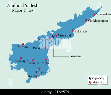 Indian State Andhra Pradesh major cities pinned on Andhra Pradesh Map Stock Vector