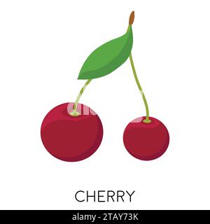 Cherry berry flat icon isolated on white background. Healthy fruit. Berries with stems and green leaves. Eco delicious food. Vector illustration Stock Vector