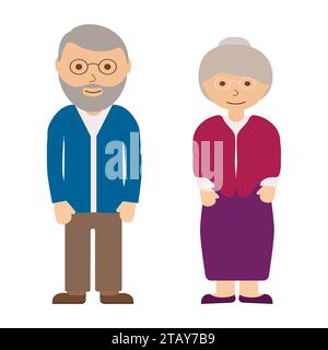 Happy grandfather and grandmother on white background. Old people in family. Grandparents in glasses. Aged grey haired couple. Vector illustration Stock Vector