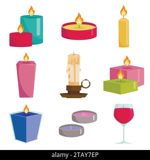 Set colorful candles isolated on white background. Aromatherapy burning candles with aromatic plant and essential oils for spa. Elements for new year Stock Vector