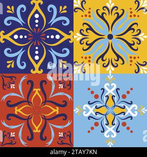 Italian ceramic tile set seamless pattern backgrounds. Traditional ornate talavera decorative color tiles azulejos. Spanish, Italian, Portuguese, Turk Stock Vector