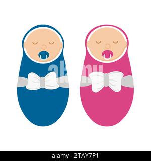 Cute baby boy and baby girl isolated on white background. Newborn in swaddle with pacifier in flat style. Vector illustration Stock Vector