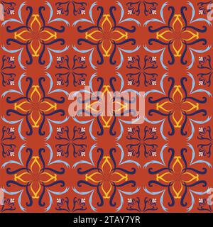 Red italian ceramic tile seamless pattern backgrounds. Traditional ornate talavera decorative color tiles azulejos. Spanish, Italian, Portuguese, Turk Stock Vector