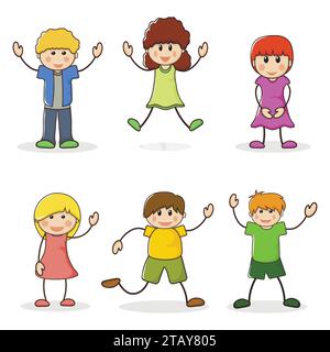 Happy girls and boys. Set of cartoon characters kids. Cute teenagers laughing. School children line style. Cute schoolchild. Vector illustration Stock Vector