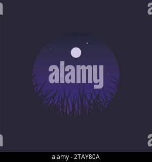 Night sky with stars above grass. Black silhouette of grass. Round composition, view looking up from the ground level. Stock Vector