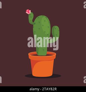 Cactus houseplant in flower pot. Cactus icon in a flat style on a brown background. Succulent plant. Vector illustration Stock Vector