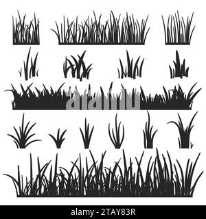 Set of black grass silhouettes isolated on white background. Grass heights design elements of nature. Template for design. Lawn vector illustration Stock Vector