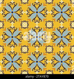 Yellow italian ceramic tile seamless pattern backgrounds. Traditional ornate talavera decorative color tiles azulejos. Spanish Italian, Portuguese Stock Vector