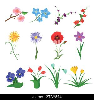 Flowers vector set on white background. Garden wild flower icons. Floral icons, summer spring flat. Rose, iris, tulip, poppy, pansy, crocus Vector ill Stock Vector