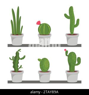 Set of cactus houseplants in flower pots. Cactus icons in a flat style on a white background. Plants Vector illustration Stock Vector
