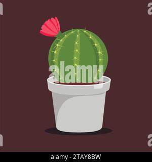 Cactus houseplant in flower pot. Cactus icon in a flat style on a brown background. Succulent plant. Vector illustration Stock Vector