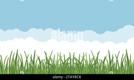 Landscape with dreen grass against the blue sky and clouds background. grass leaves and lawn at the foreground. Stock Vector