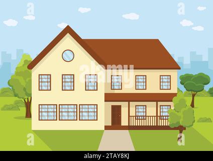 Town house cottage, flat private residential architecture. Front of the house and garden, country cottage. Grassy lawn and trees. Residential Home Stock Vector