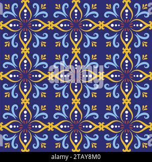 Blue italian ceramic tile seamless pattern backgrounds. Traditional ornate talavera decorative color tiles azulejos. Spanish, Italian, Portuguese Stock Vector