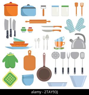 Kitchen equipments and utensils big set icons isolated on white background. Cooking tools objects collection. Kitchenware in flat style Stock Vector