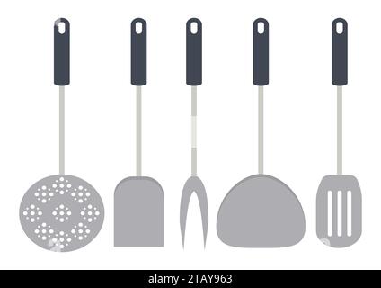 Kitchen tools and restaurant utensils isolated on white backgroud. Spatula, whisk, fork, ladle, cheese slicer, skimmer and sieve. Vector illustration Stock Vector