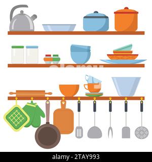 Kitchen equipments and utensils big set icons on shelf isolated on white background. Cooking tools objects collection. Kitchenware in flat style Stock Vector