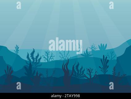 Underwater ocean scene. Deep blue water, coral reef and underwater plants. Marine sea bottom silhouette with seaweed, algae and coral. Stock Vector