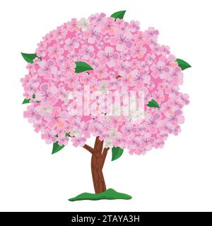 Flowering pink tree isolated on white background. Spring blooming tree with flowers. Apple tree, cherry and sakura. Vector Illustration Stock Vector