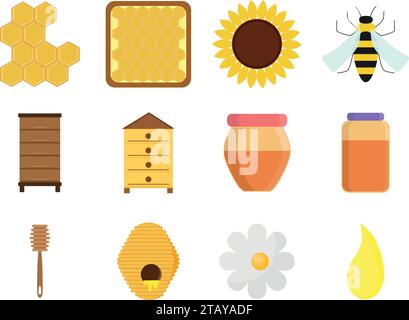 Apiary set isolated on white background in flat style. Beekeeping icons jar of natural organic sweet honey, beeswax, bee insect, beehive and flower. Stock Vector